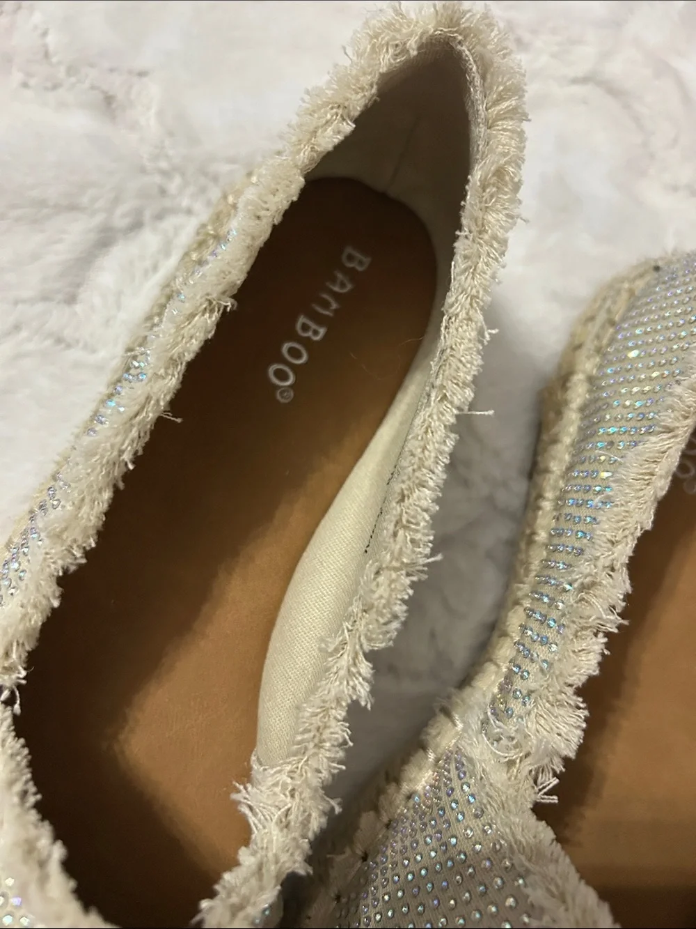 BAMBOO Cream Espadrille Slip-Ons with Rhinestone Studs